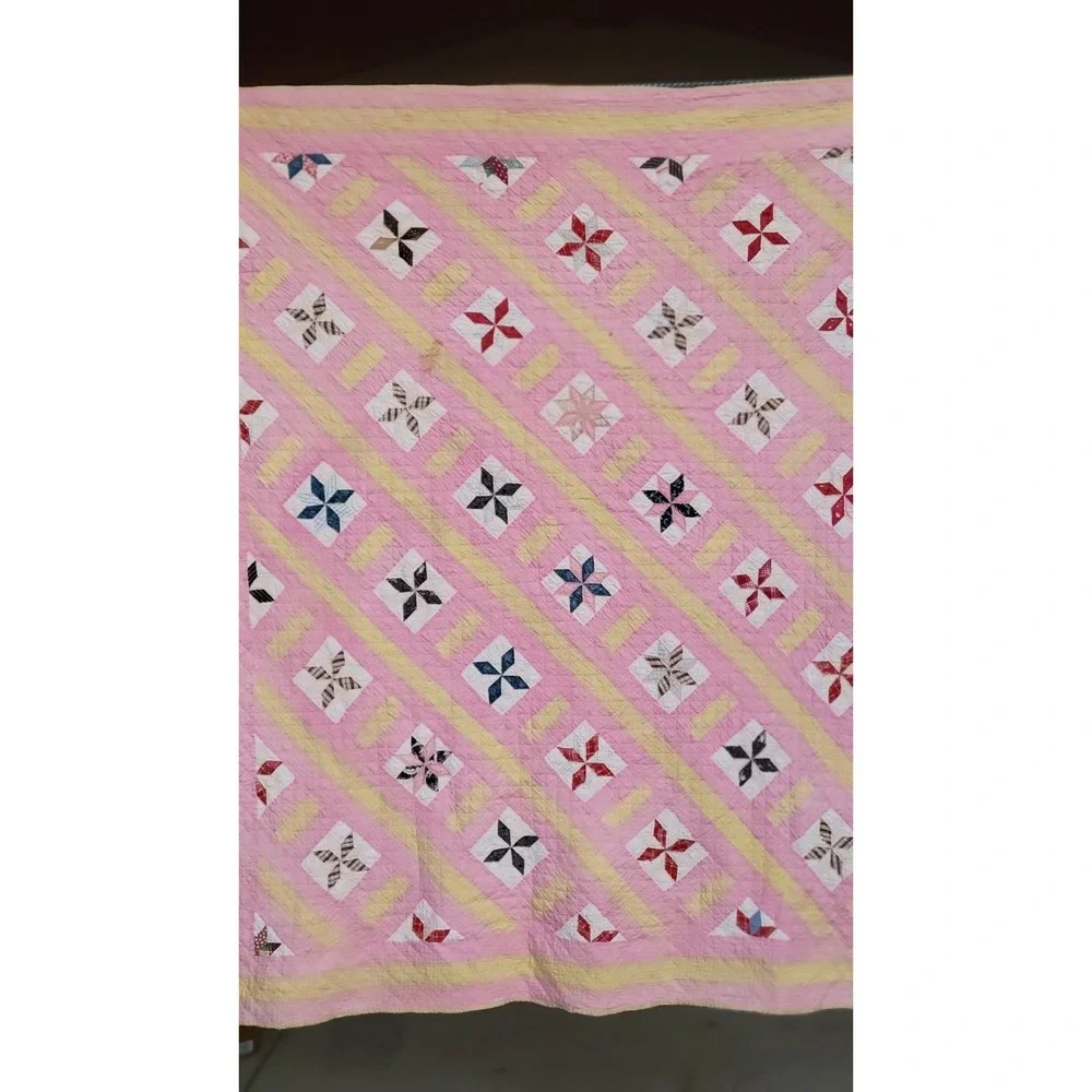 Vintage Friendship Star Quilt‎ Hand Quilted Pink Yellow Patchwork 64x75 Cottage